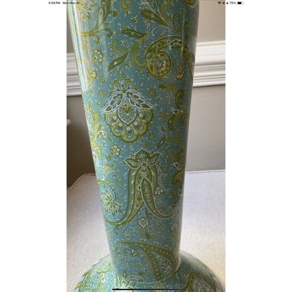 222 Fifth Stoneware Candle Holder in Blue/Green Floral Paisley 12” Tall - Picture 2 of 7